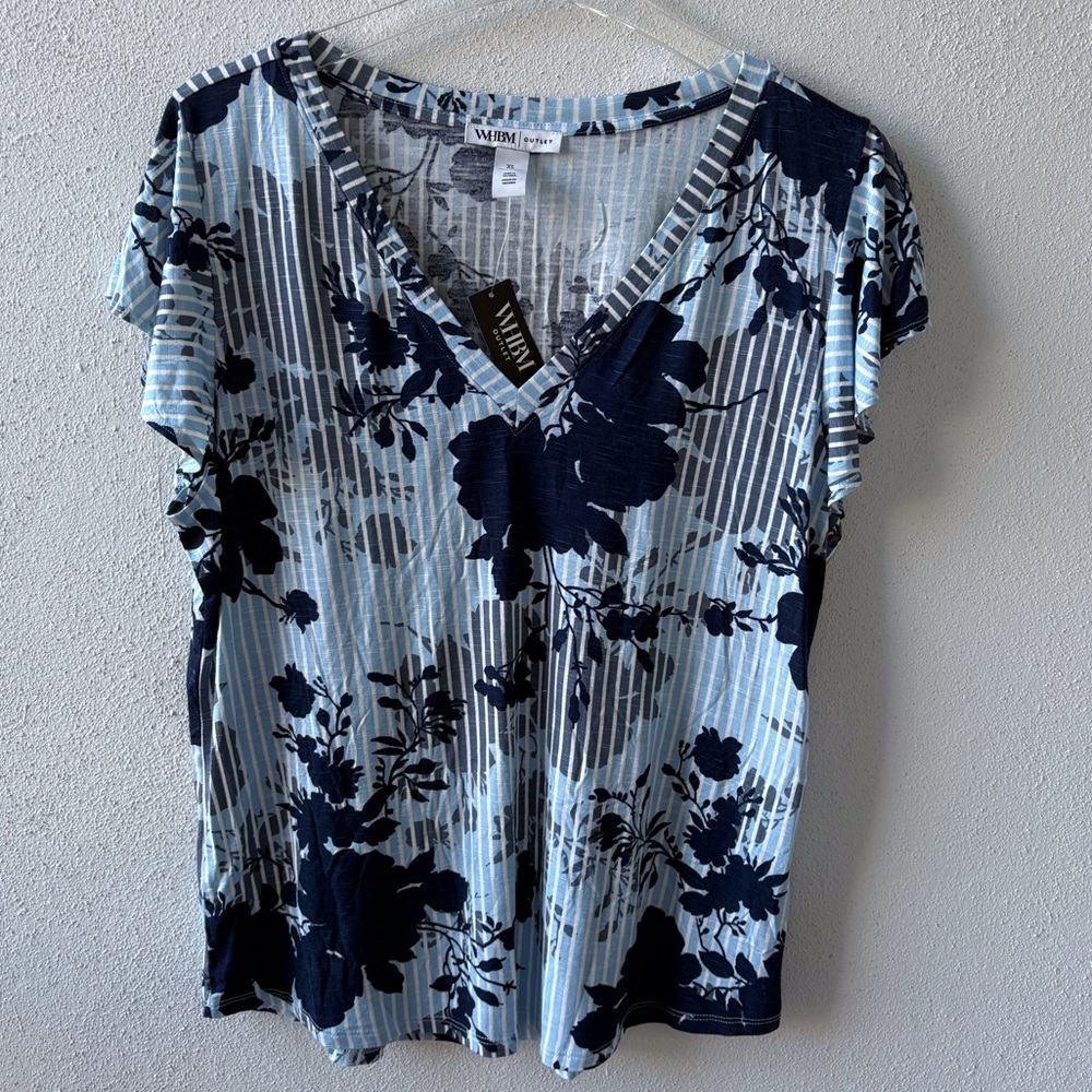 WHBM XL Floral V Neck Ruffle Short Sleeve NWT Blue Floral Stripe Casual Travel